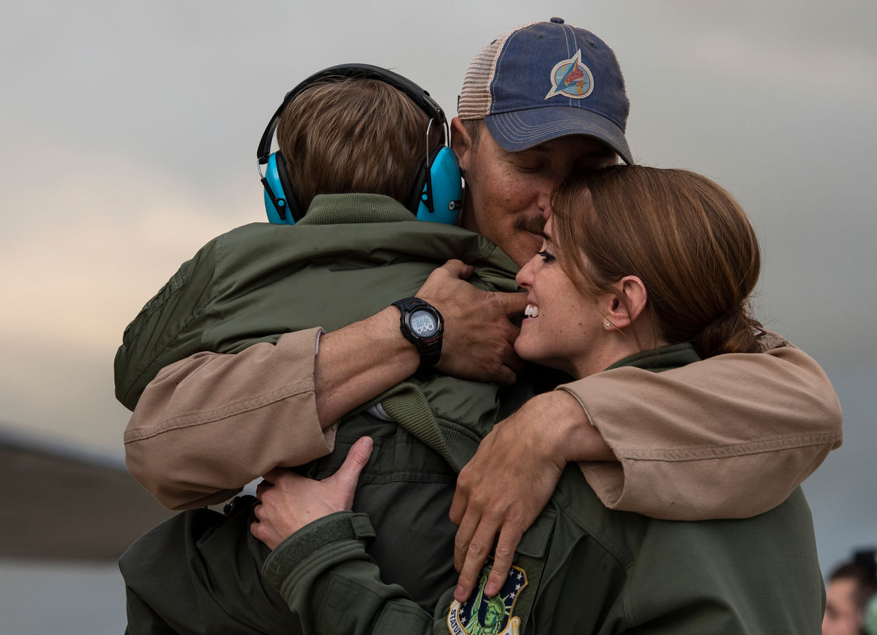 F-15E Strike Eagle aircrew assigned to the 492nd Fighter Squadron reunite with their families at RAF Lakenheath, United Kingdom, Oct. 16, 2020. The 492nd FS returned from a six-month deployment in support of U.S. Air Force Central Command. (U.S. Air Force photo by Airman 1st Class Jessi Monte)